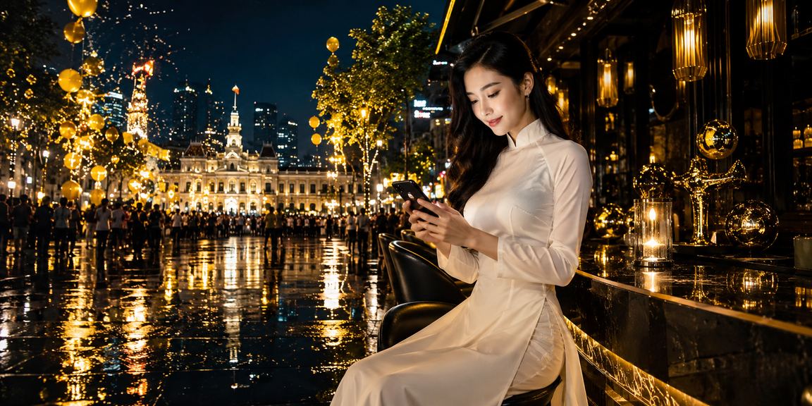 Người dùng TP. Hồ Chí Minh thực hiện giao dịch tài chính trên điện thoại mặc áo dài